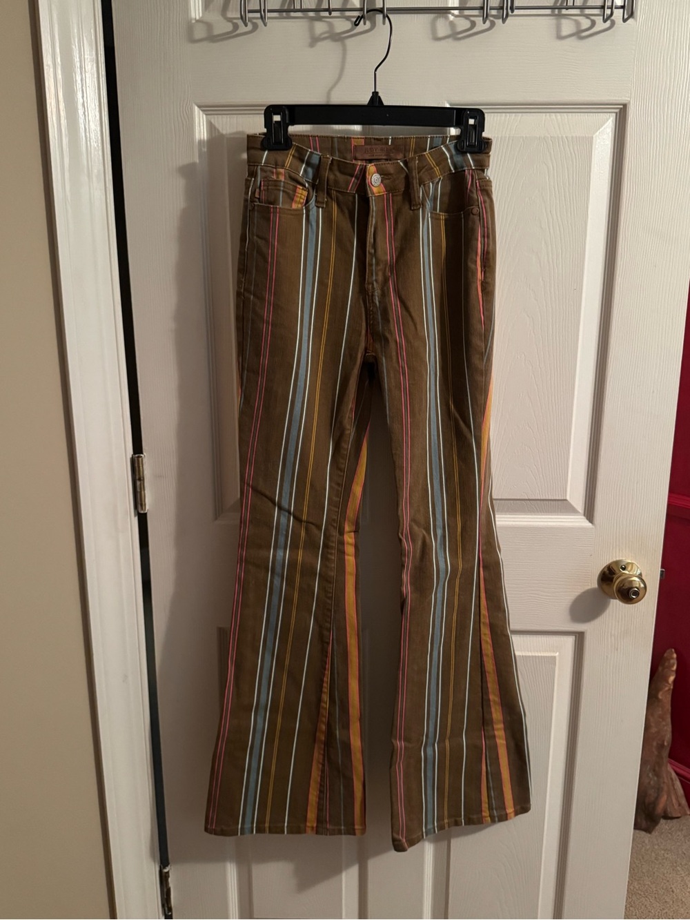 Judy Blue Brown Striped Flared Jeans with Pink, Yellow & Blue Accents